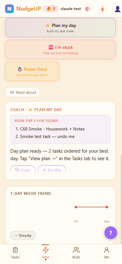 Onzy AI Coach screen — choose a coaching mode and get a personalized Day Plan based on your Vibe Check