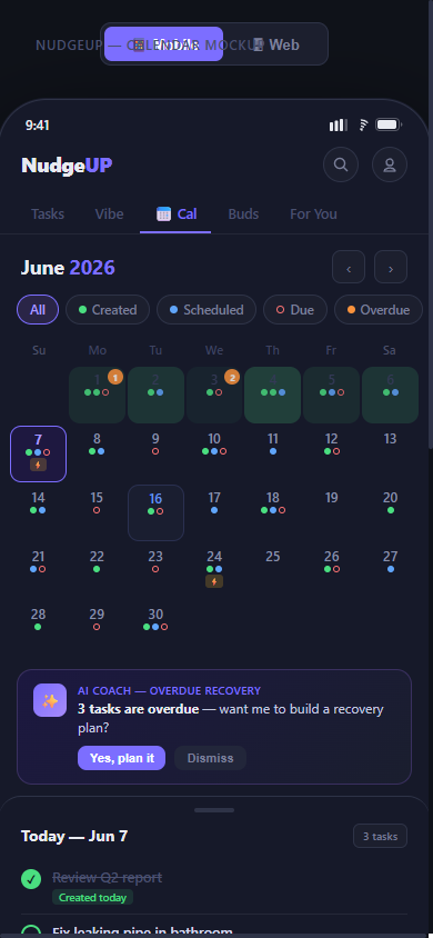 Onzy Calendar screen — your tasks and steps laid out across a month, with a tray for anything that still needs a date