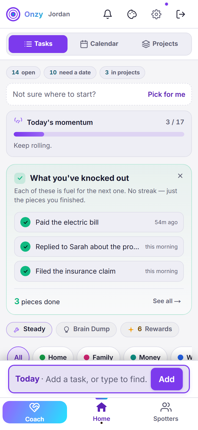 Onzy momentum — real app screen