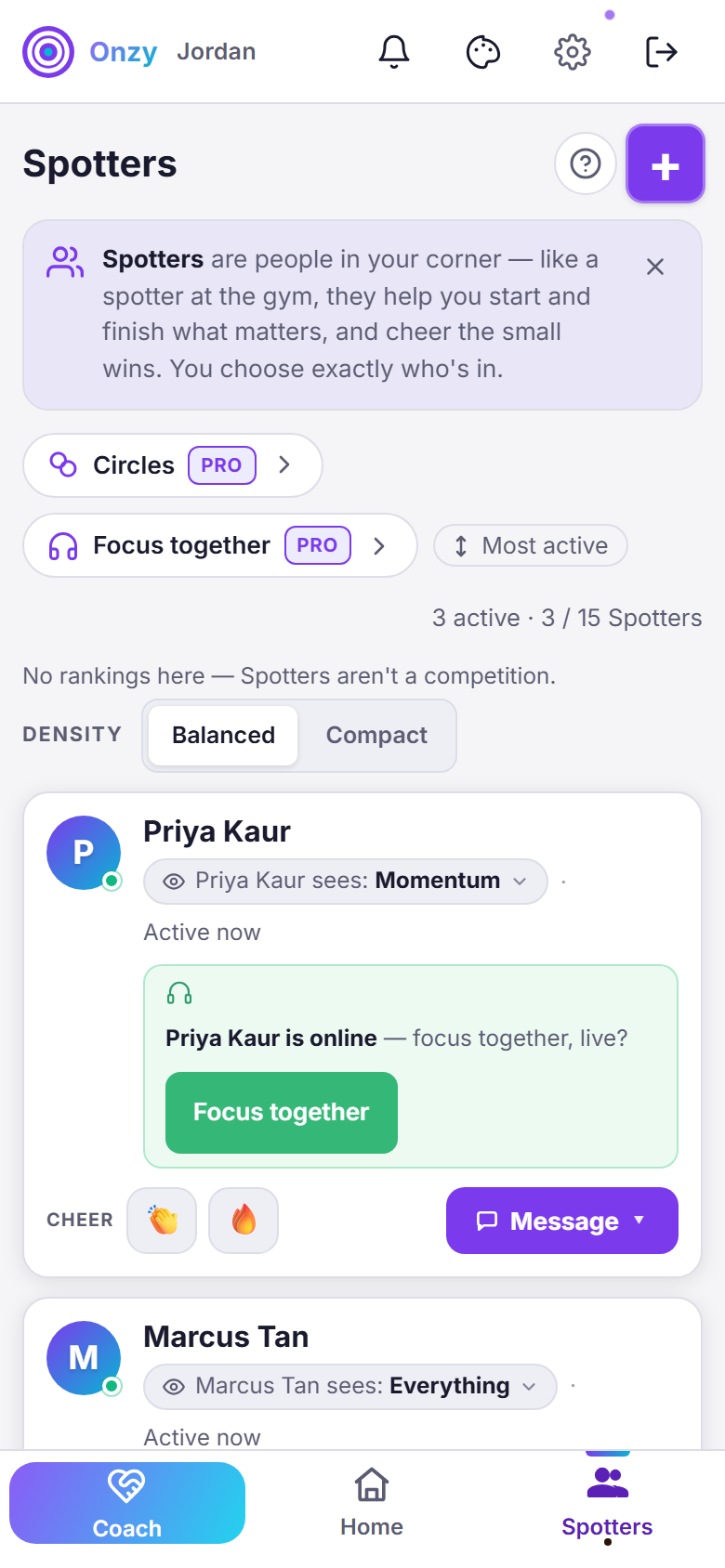 Onzy Spotters — real app screen