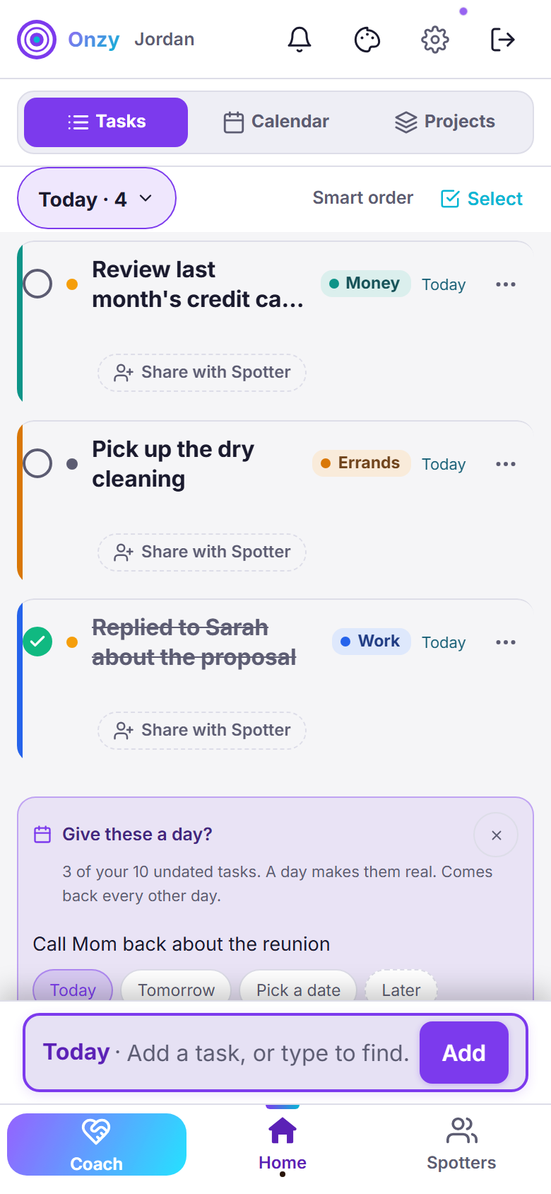 Onzy today's tasks — real app screen