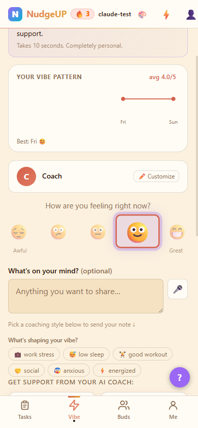 Onzy Vibe Check screen — tap your energy level and let the app reorder your task list automatically