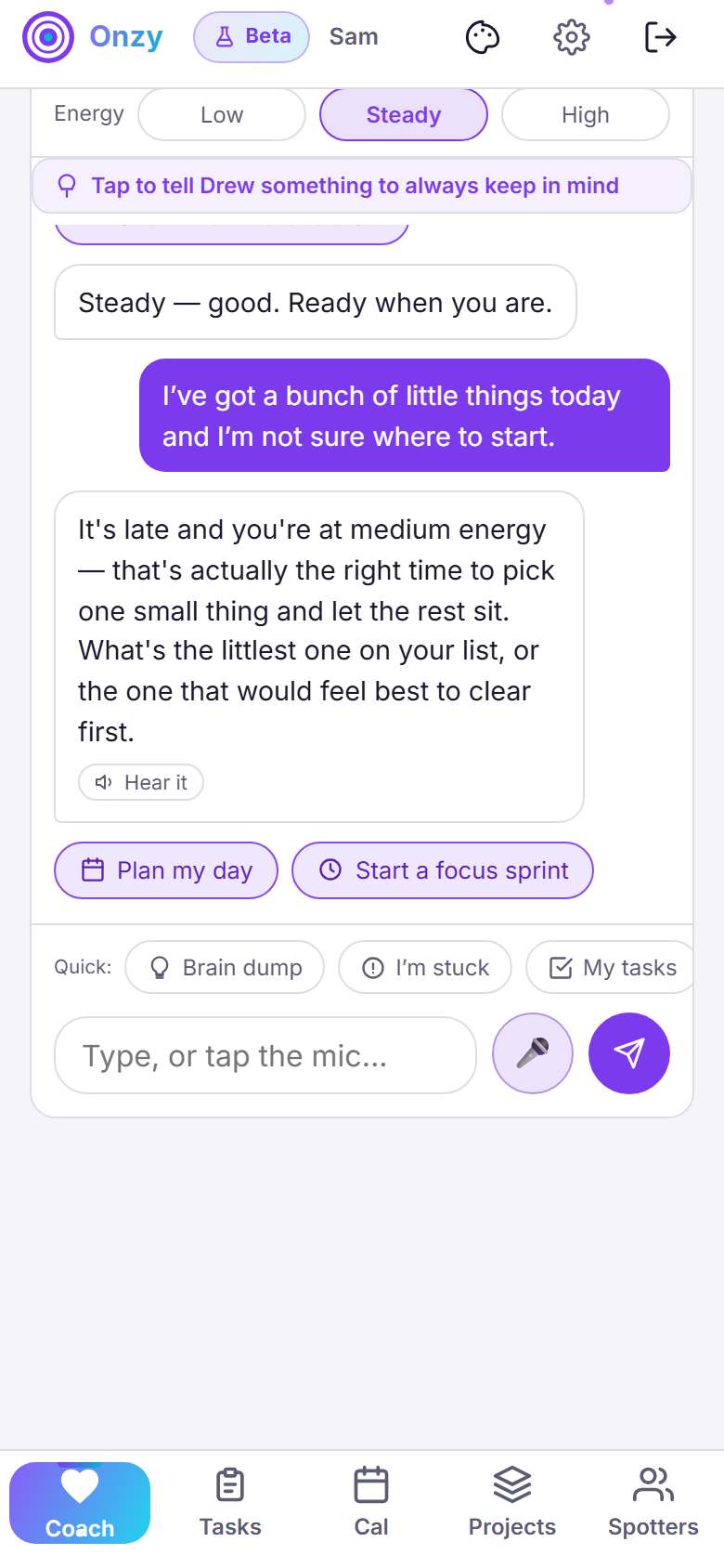 The Onzy coach mid-conversation: short encouraging messages, follow-up buttons like Plan my day and Start a focus sprint, quick buttons for Brain dump, I'm stuck, and My tasks, and a box to type or tap the mic.