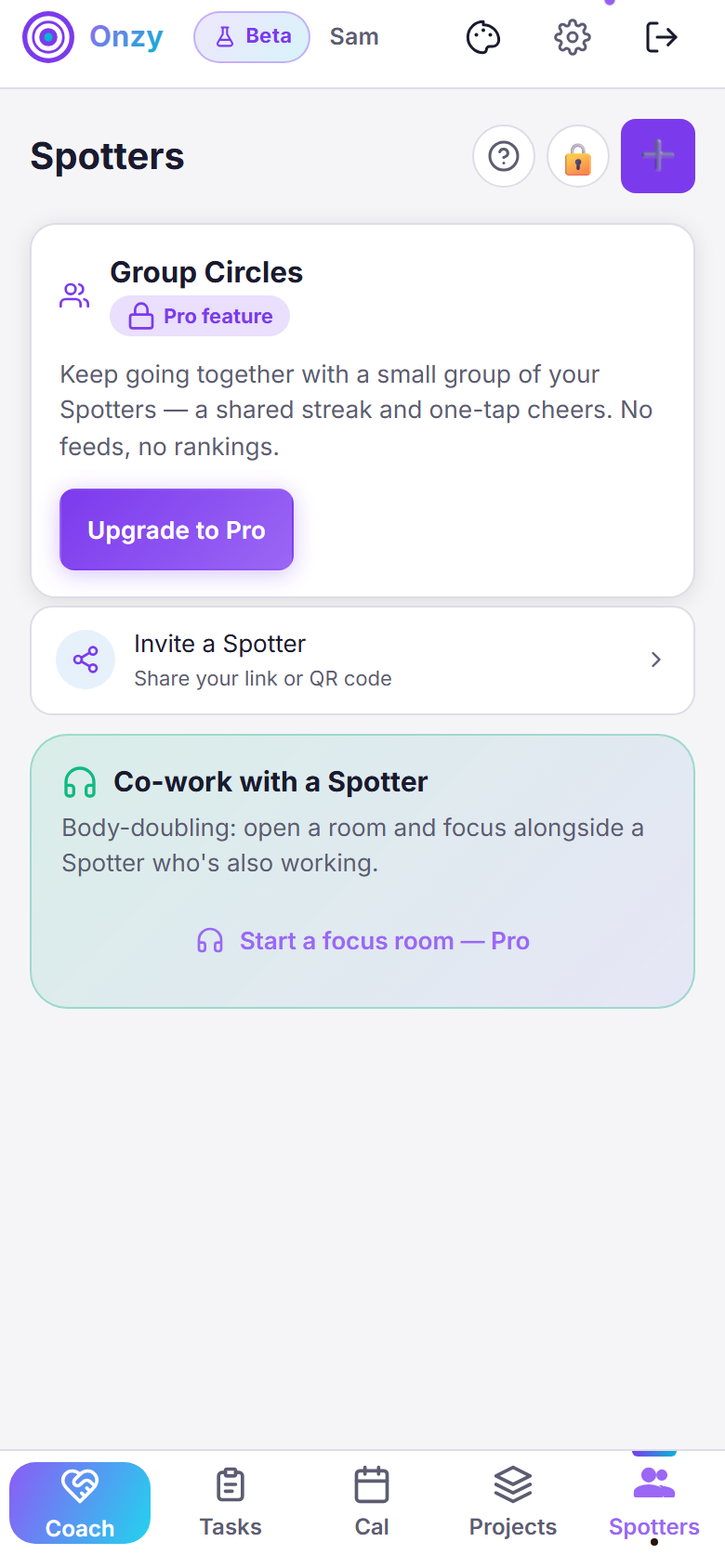 Onzy's Spotters tab: a Group Circles Pro card describing a shared streak, an Invite a Spotter card offering a link or QR code, and a Co-work with a Spotter body-doubling card.