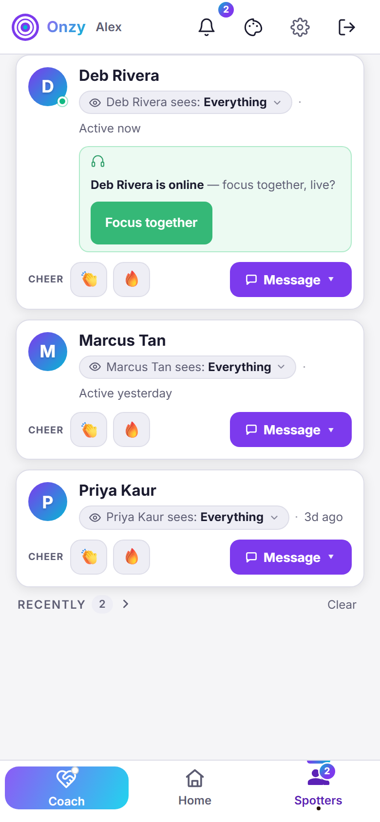 Onzy's Spotters screen with a warm cyan-to-purple count of 2 on both the bell in the top corner and the Spotters tab in the bottom nav, meaning two Spotters have reached out.