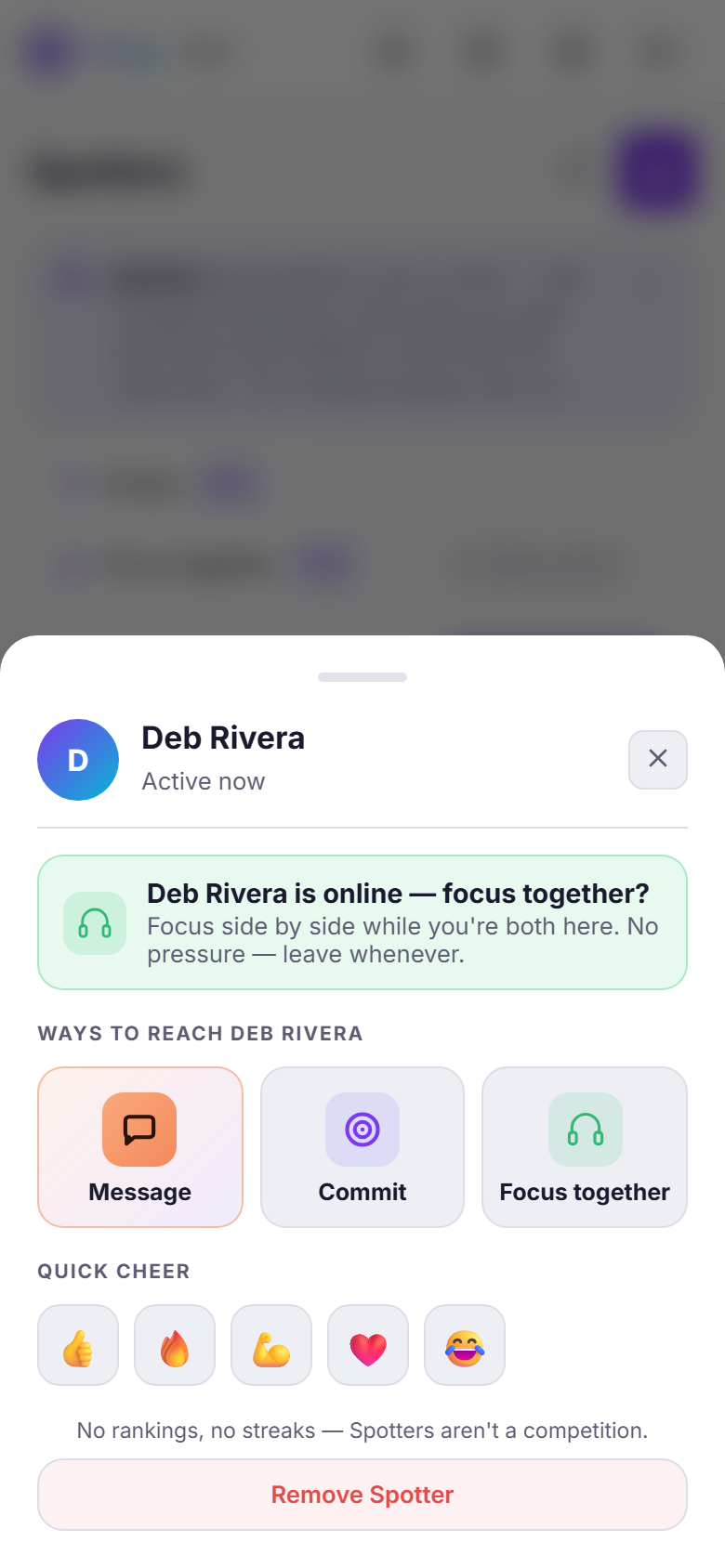 Onzy's Spotter action sheet for an online Spotter — a green 'Deb Rivera is online — focus together?' banner, three ways to reach them (Message, Commit, Focus together), and a Quick cheer row of emoji.