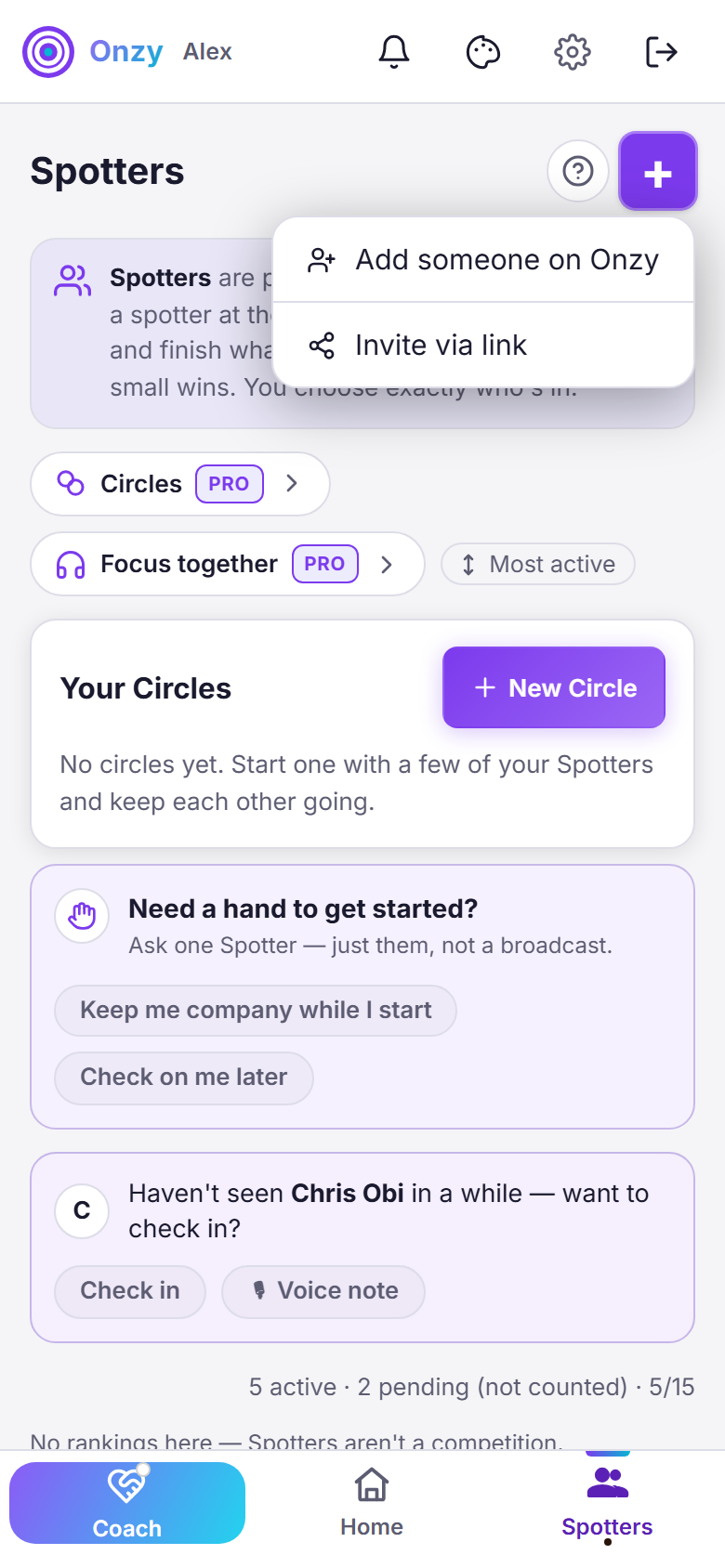 Onzy's Spotters tab with the '+ Add Spotter' menu open, offering 'Add someone on Onzy' and 'Invite via link', and a '5 active · 2 pending (not counted) · 5/15' count near the bottom.