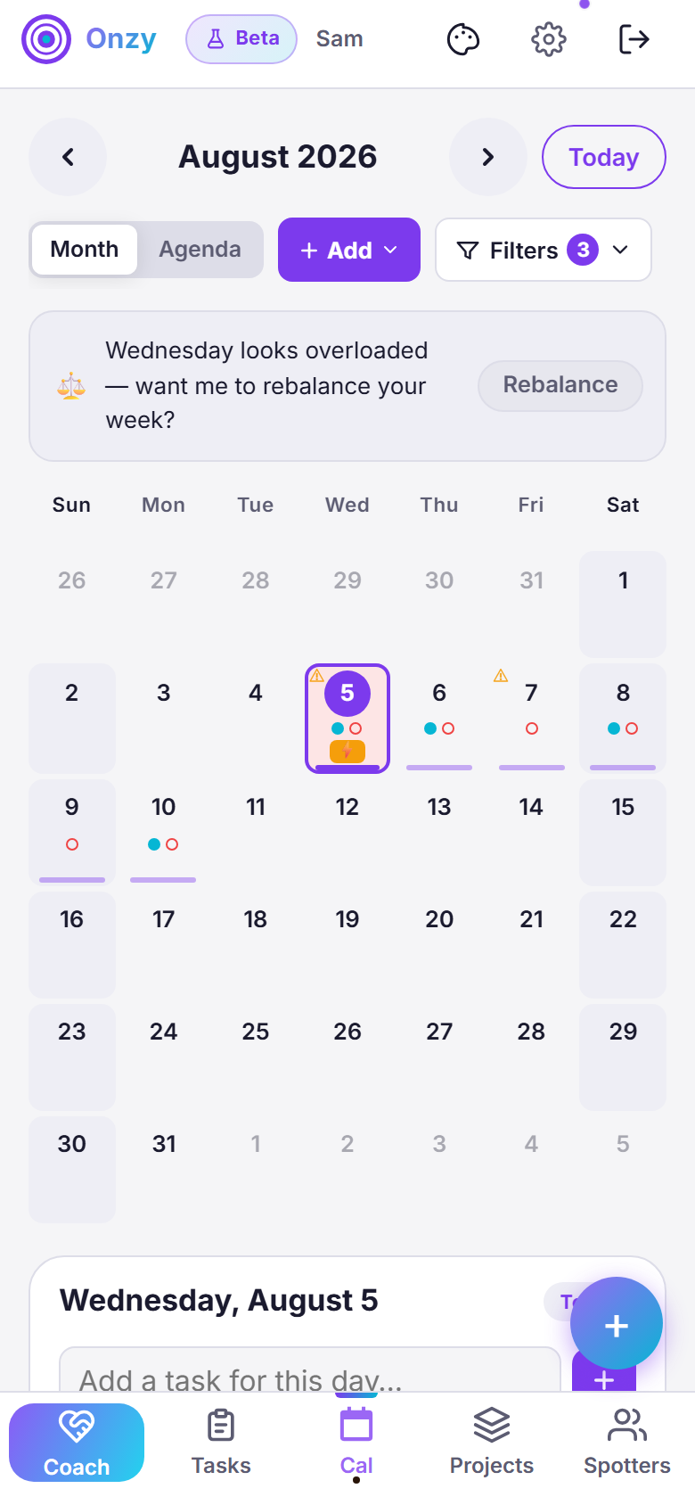 Onzy's Cal tab: a month grid for August 2026 with small markers on days that have tasks, a Month and Agenda toggle, Add and Filters buttons, and the selected day's tasks listed below under its date.