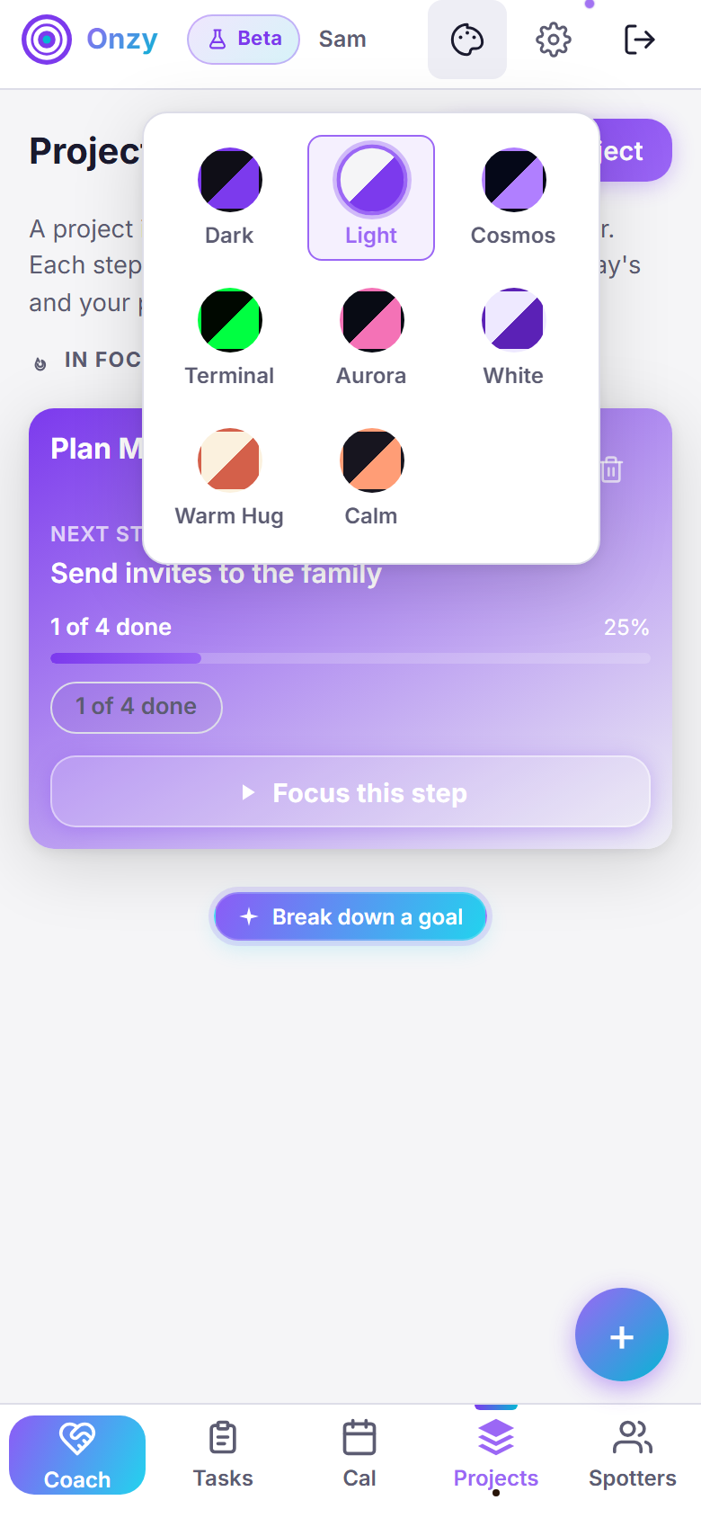 Onzy's theme picker, opened from the palette icon in the top bar, showing eight themes: Dark, Light, Cosmos, Terminal, Aurora, White, Warm Hug, and Calm.
