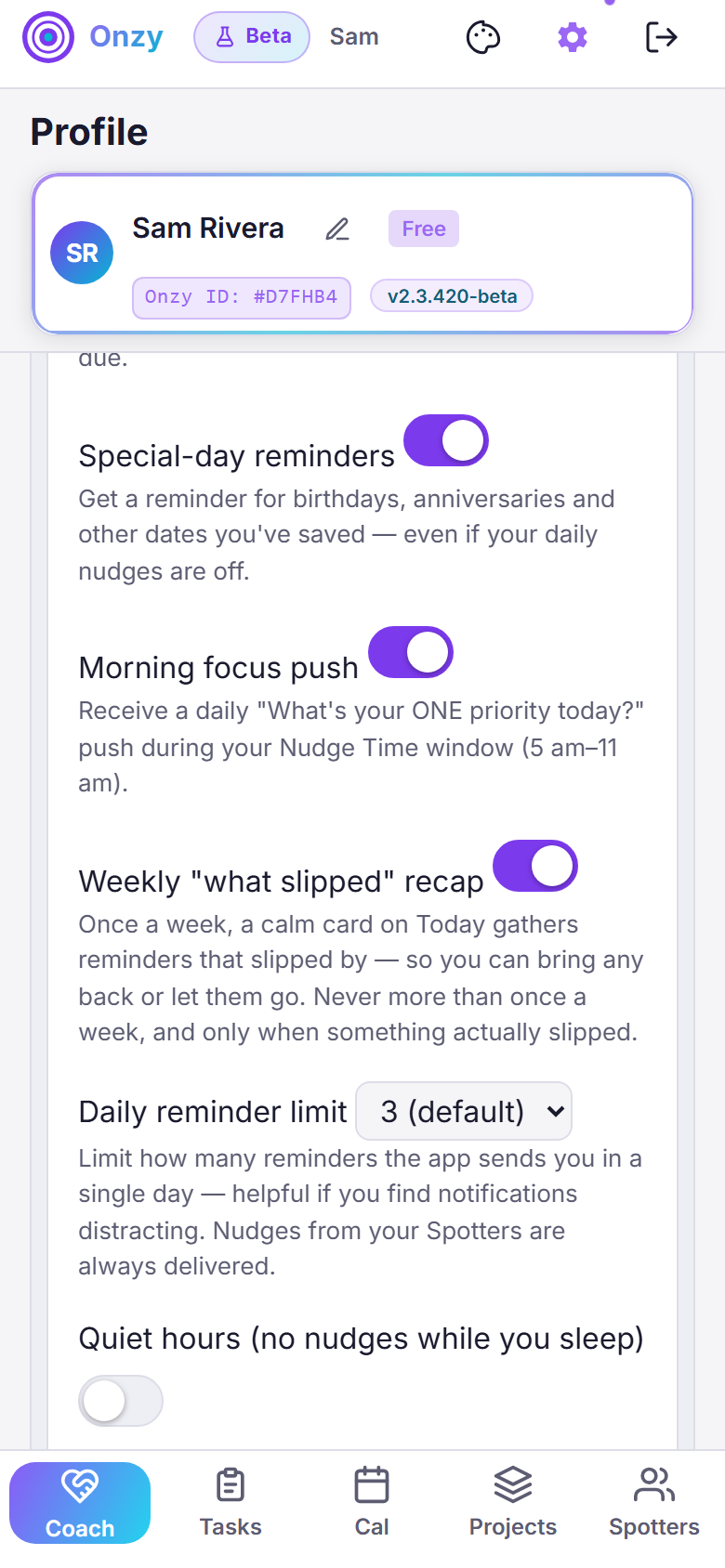 Onzy's Notifications settings with toggles for Special-day reminders, a Morning focus push tied to your Nudge Time window, a Weekly what-slipped recap, a Daily reminder limit, and Quiet hours.