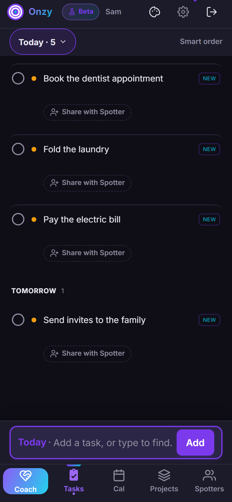 Onzy's Tasks tab shown in the Dark theme.