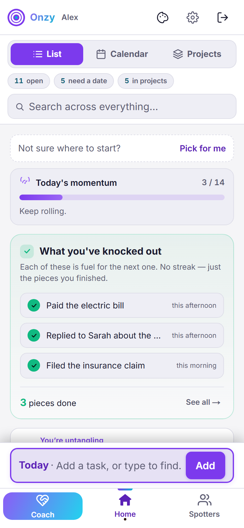 Onzy's Today screen showing a 'What you've knocked out' card with finished tasks — Paid the electric bill, Replied to Sarah, Filed the insurance claim — each marked with when it was done, and a 'See all' link, above a momentum meter.