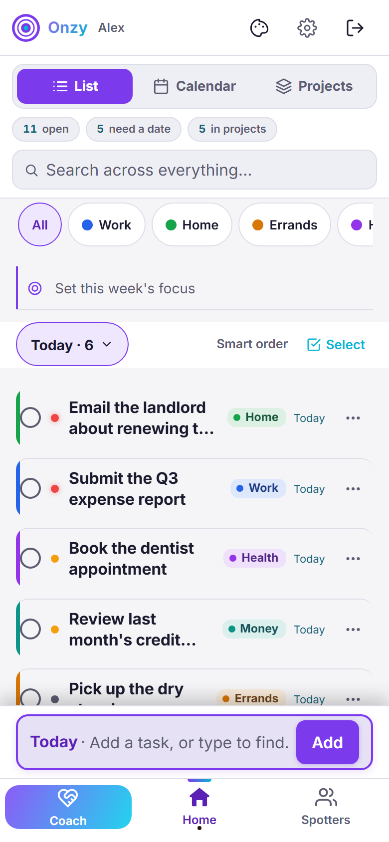 Onzy's task list with color labels: each task shows a colored left stripe and a name chip — Home, Work, Health, Money, Errands, Family — above a color filter row (All, Work, Home, Errands, Health …) for showing only one color at a time.